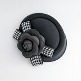 Black camellia flower small pillbox fascinator hat