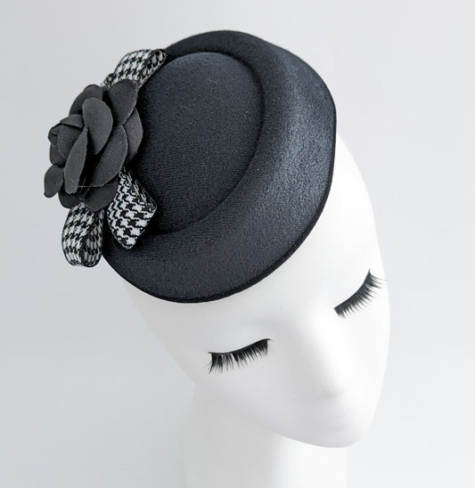 Black camellia flower small pillbox fascinator hat