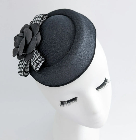 Black camellia flower small pillbox fascinator hat House of Hats