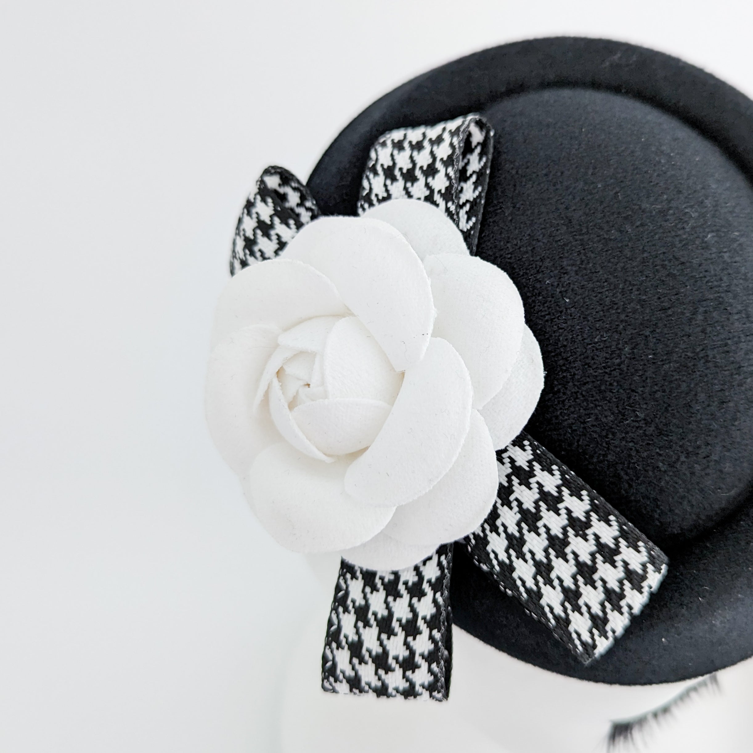 Black and white camellia flower small pillbox fascinator hat