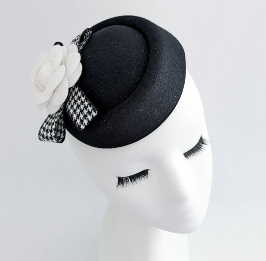 Black and white camellia flower small pillbox fascinator hat House of Hats