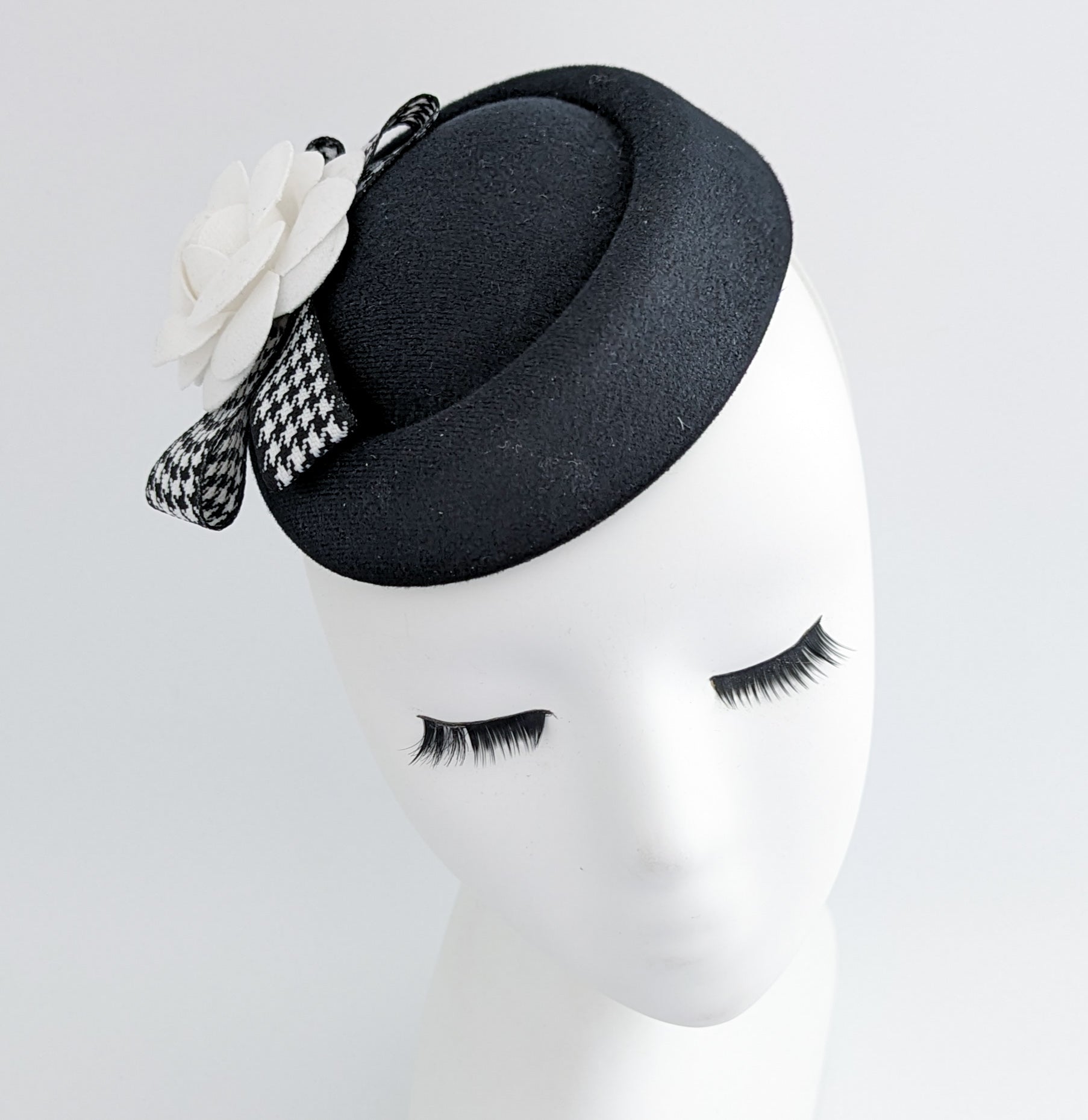 Black and white camellia flower small pillbox fascinator hat
