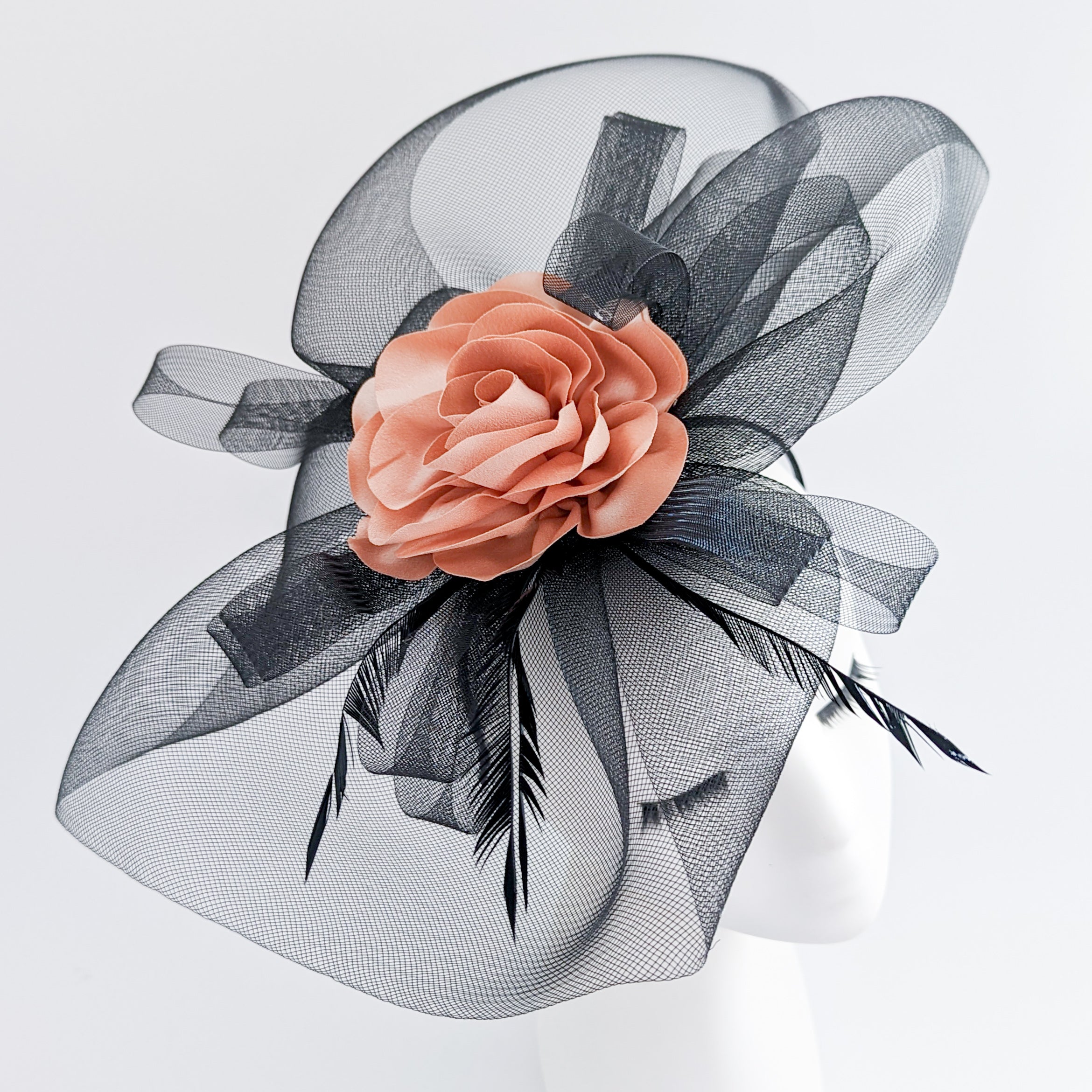 Black large flower feather crin fascinator hat