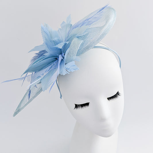 Aquamarine blue feather large teardrop fascinator hat
