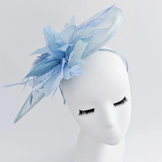 Aquamarine blue feather large teardrop fascinator hat House of Hats