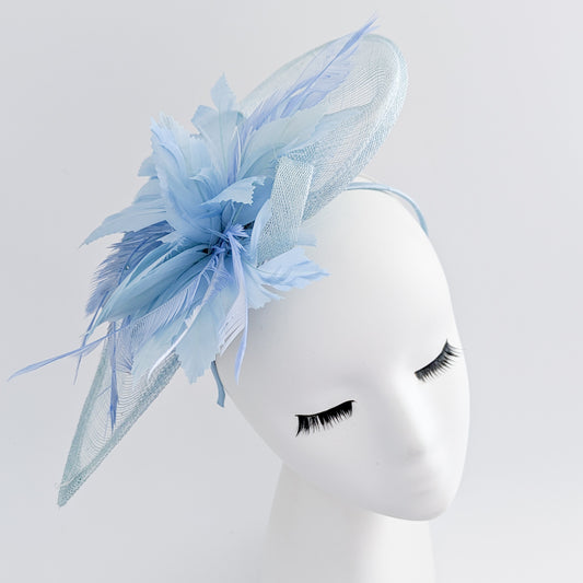 Aquamarine blue feather large teardrop fascinator hat