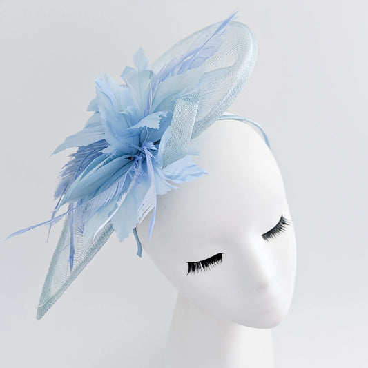 Aquamarine blue feather large teardrop fascinator hat House of Hats