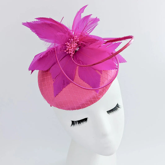 Hot pink feather satin fascinator hat House of Hats