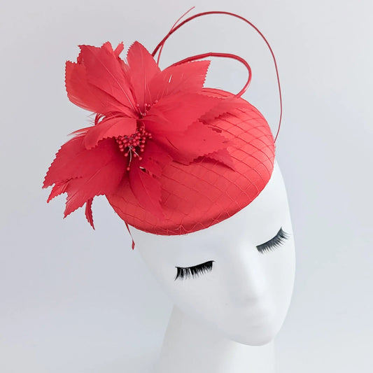 Red feather satin fascinator hat House of Hats