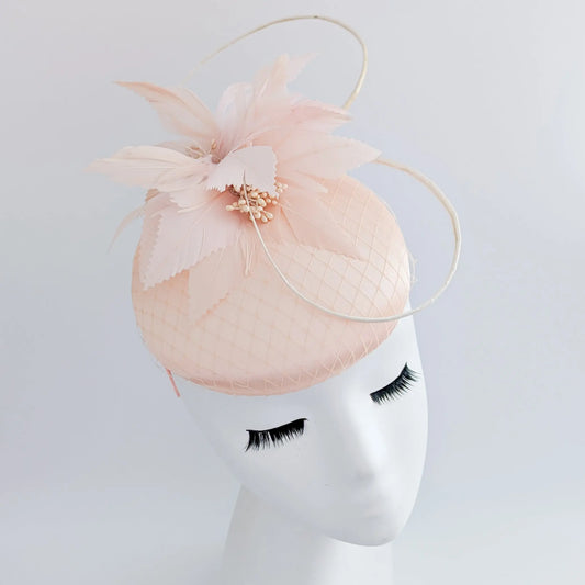 Peach feather satin fascinator hat House of Hats