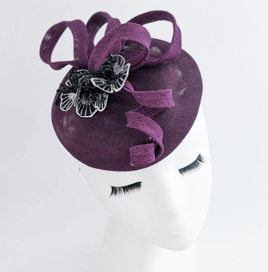 Dark plum purple flower fascinator hat