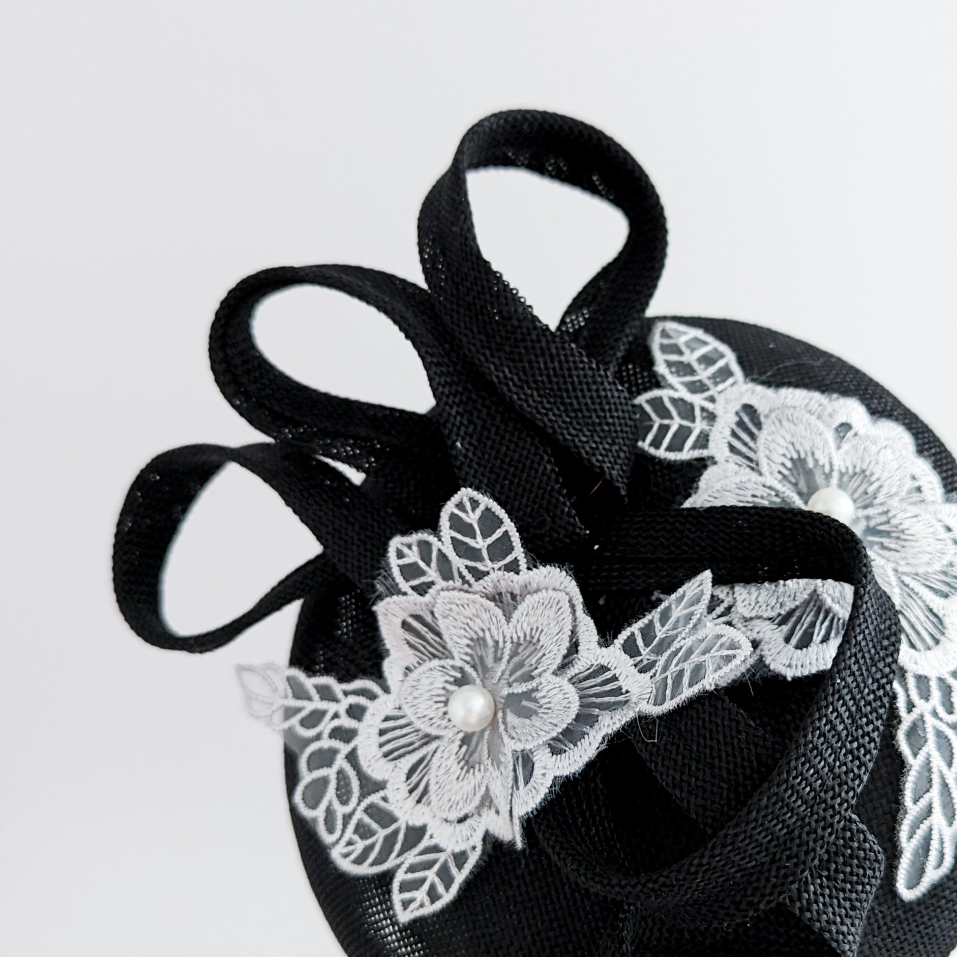 Black grey flower lace fascinator hat