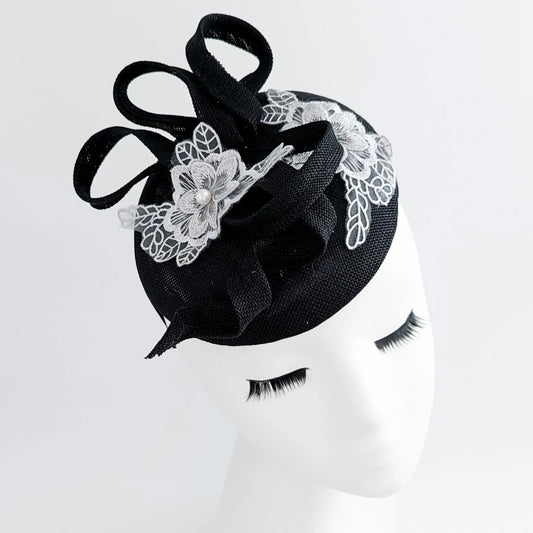 Black grey flower lace fascinator hat House of Hats