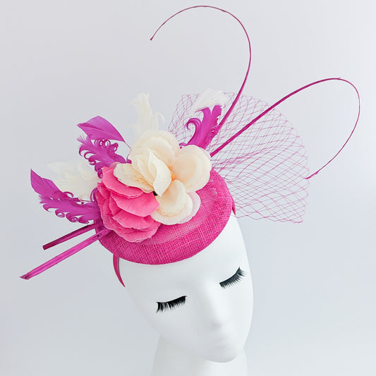 Hot pink flower feather fascinator hat