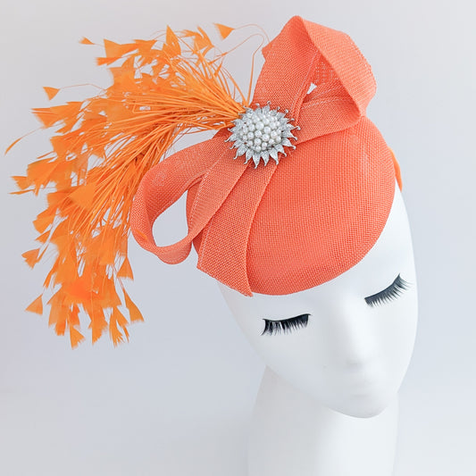 Coral orange feather pearl fascinator hat