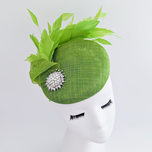 Lime green feather pearl fascinator hat