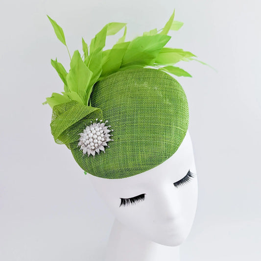 Lime green feather pearl fascinator hat House of Hats