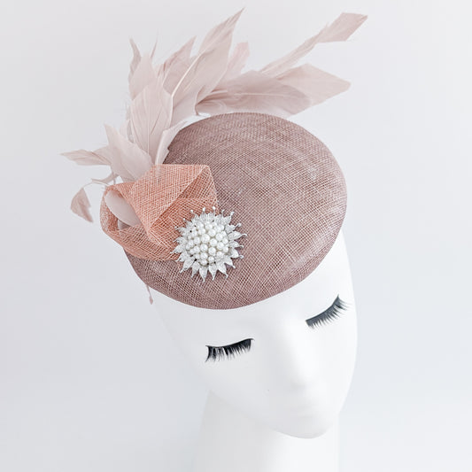 Blush pink feather pearl fascinator hat