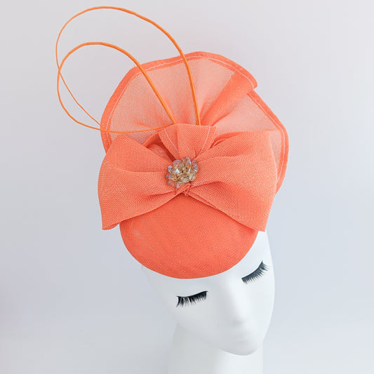 Coral orange crystal bow fascinator hat