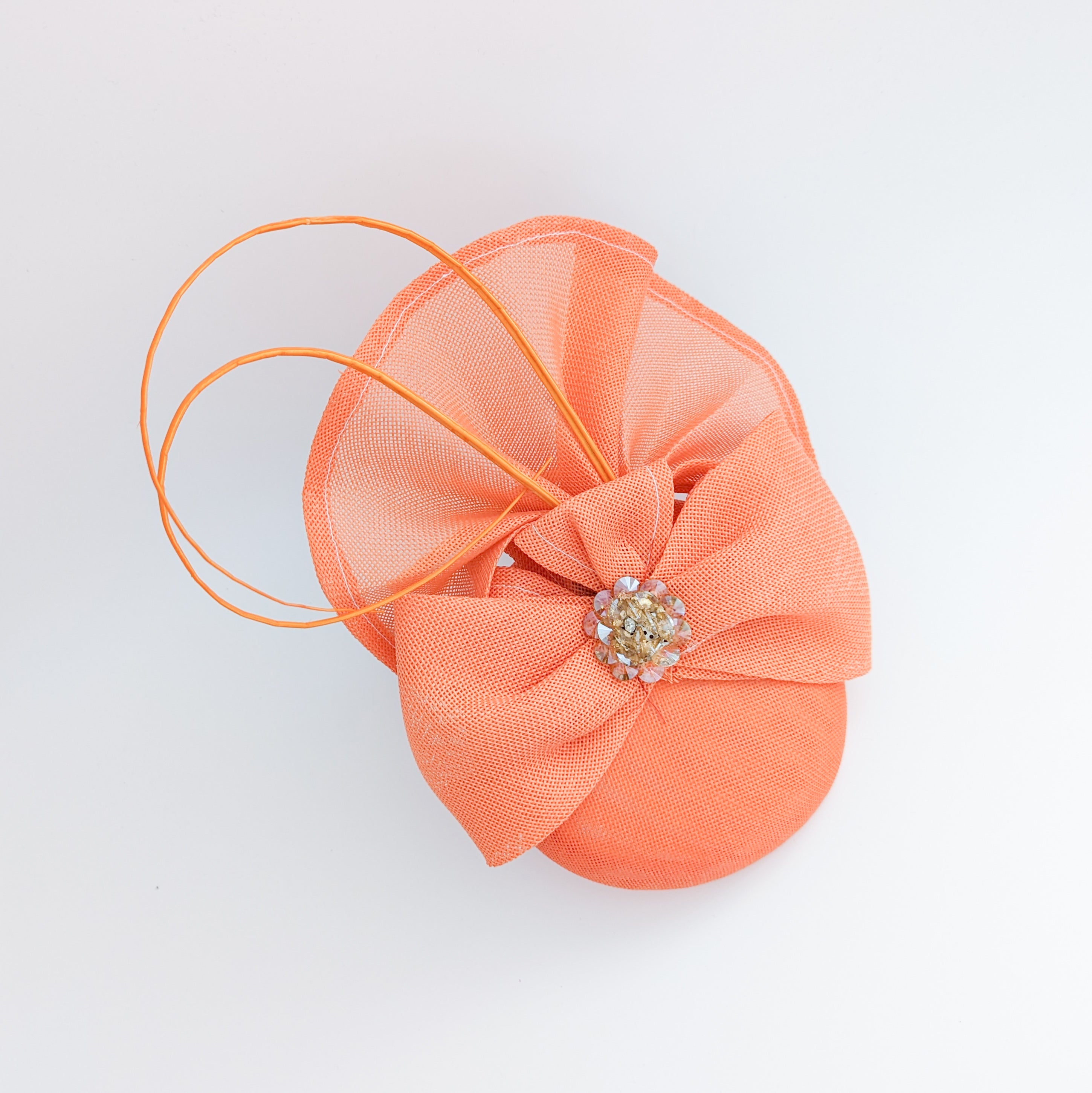 Coral orange crystal bow fascinator hat