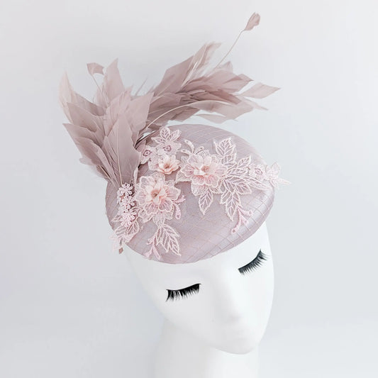 Blush pink feather lace satin fascinator hat House of Hats