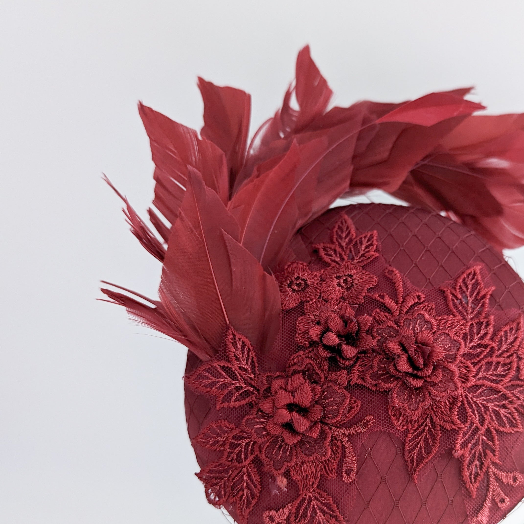 Burgundy feather lace satin fascinator hat