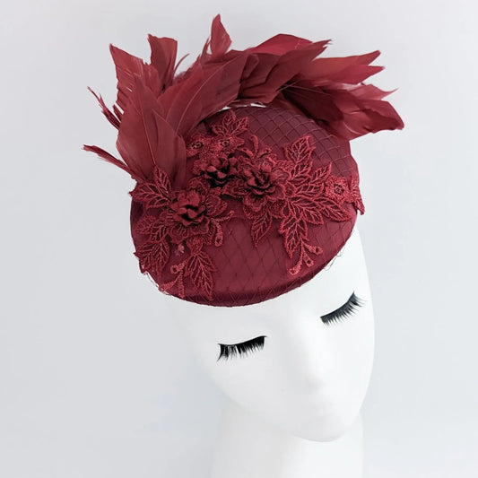 Burgundy feather lace satin fascinator hat House of Hats