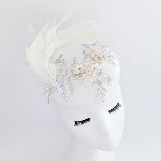 Cream feather lace satin fascinator hat House of Hats