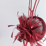 Burgundy crystal feather fascinator hat