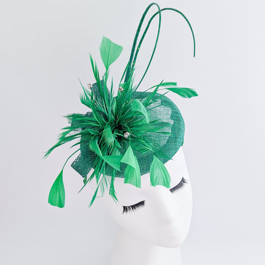 Pine green crystal feather fascinator hat