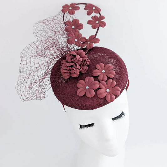 Burgundy flower fascinator hat House of Hats