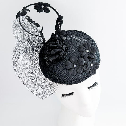 Black flower fascinator hat
