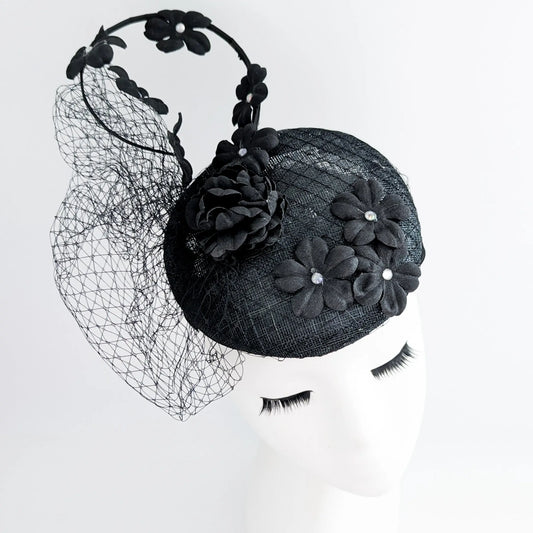 Black flower fascinator hat House of Hats