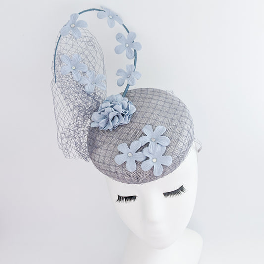 Light dusty blue flower fascinator hat