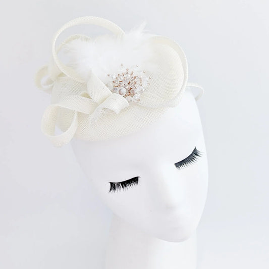 Cream crystal feather fascinator hat House of Hats