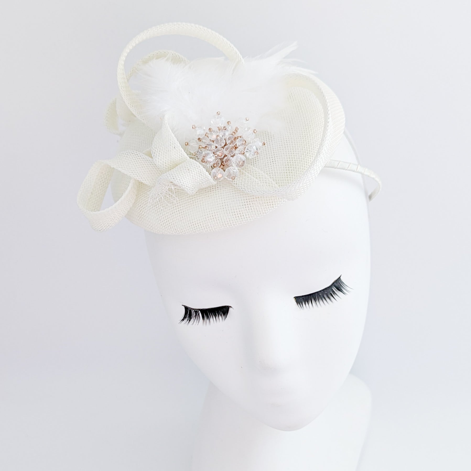 Cream crystal feather fascinator hat