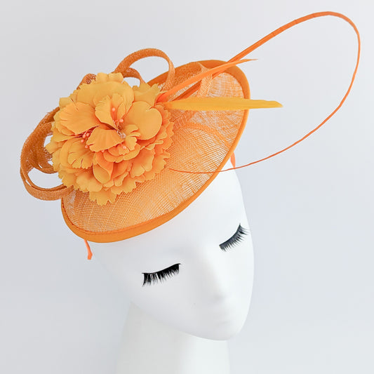 Orange flower fascinator disc saucer hat