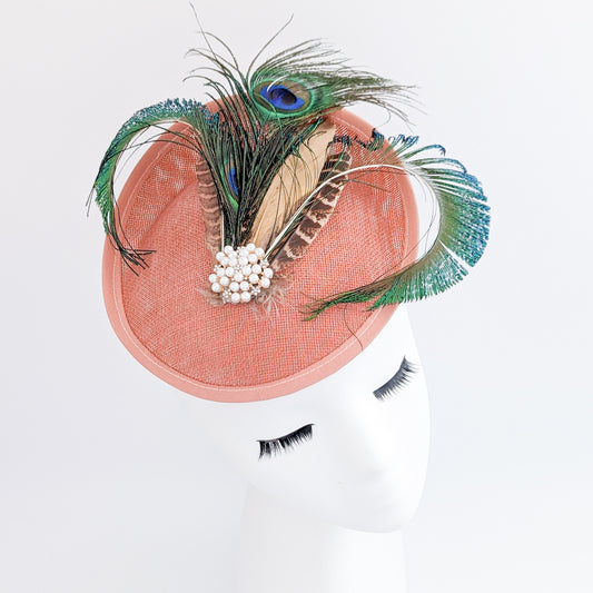 Terracotta dusty pink peacock feather disc saucer fascinator hat
