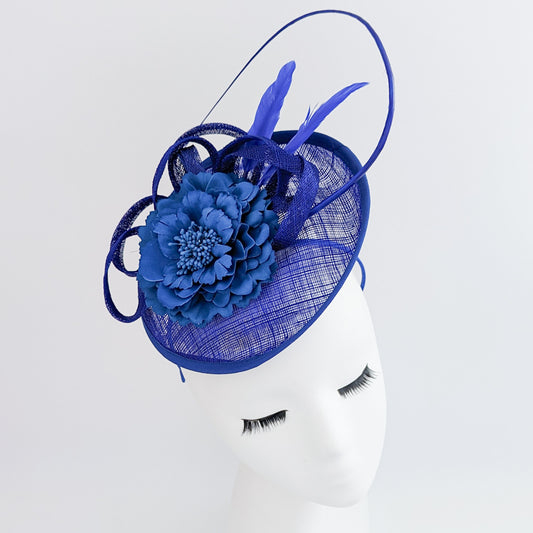 Royal cobalt blue flower feather disc saucer fascinator hat