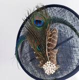Navy peacock pheasant feather disc saucer fascinator hat Navy peacock pheasant feather disc saucer fascinator hat