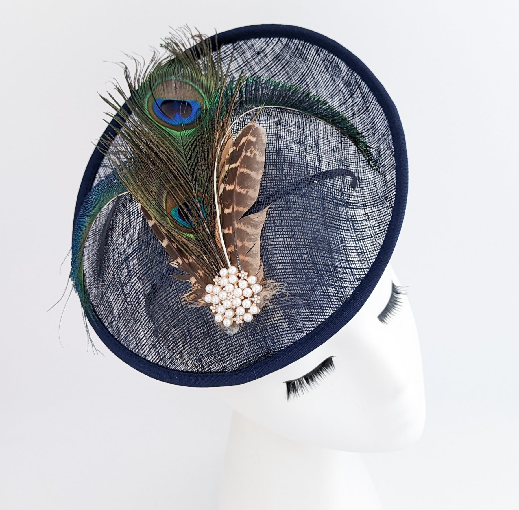 Navy peacock pheasant feather disc saucer fascinator hat Navy peacock pheasant feather disc saucer fascinator hat