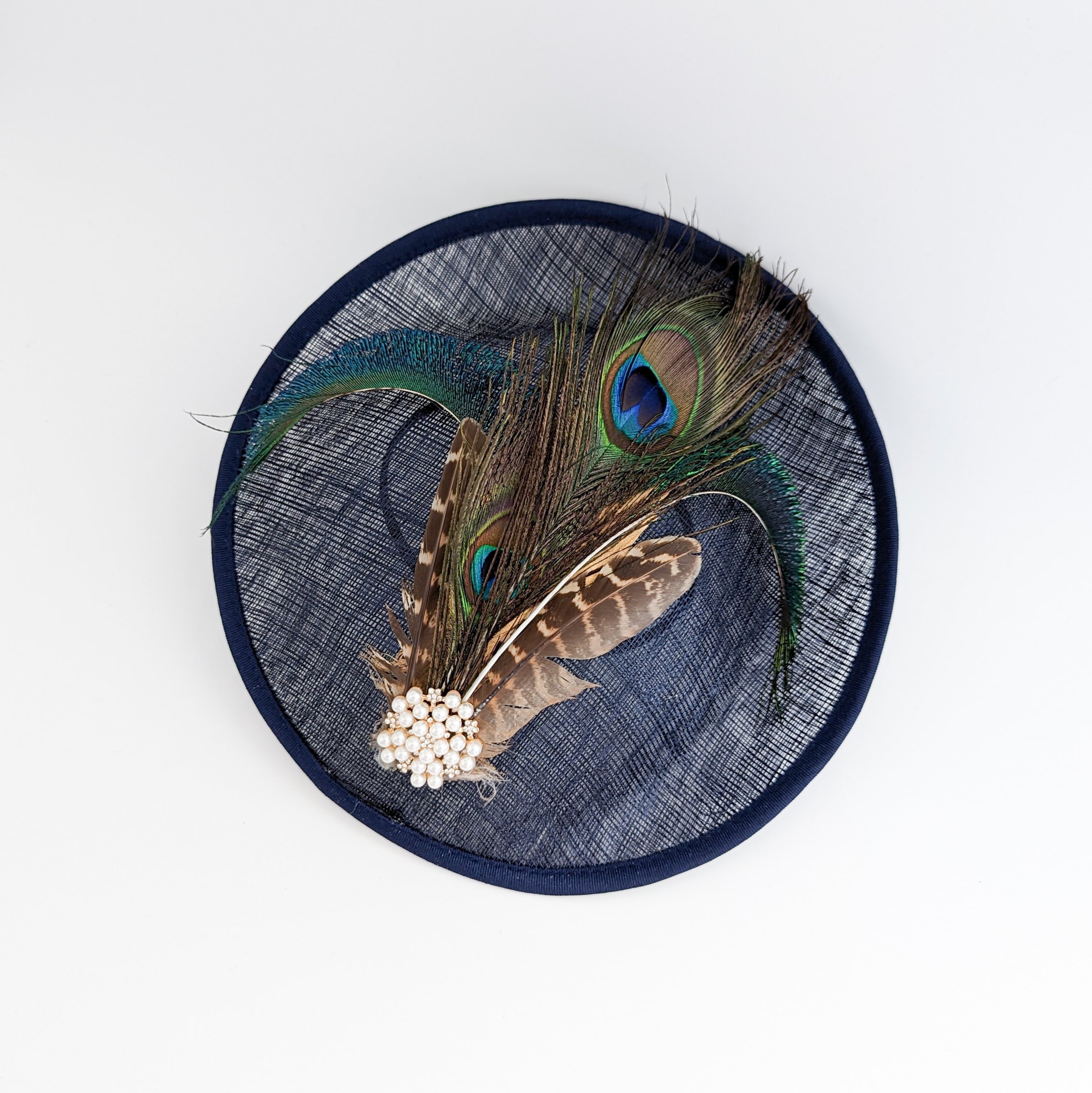 Navy peacock pheasant feather disc saucer fascinator hat Navy peacock pheasant feather disc saucer fascinator hat
