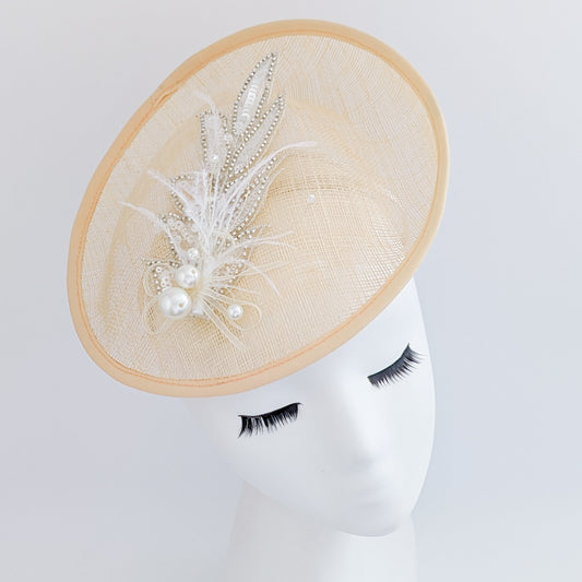 Peach crystal feather disc saucer fascinator hat