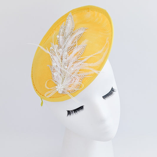 Yellow crystal feather disc saucer fascinator hat