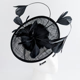 Black feather saucer disc fascinator hat