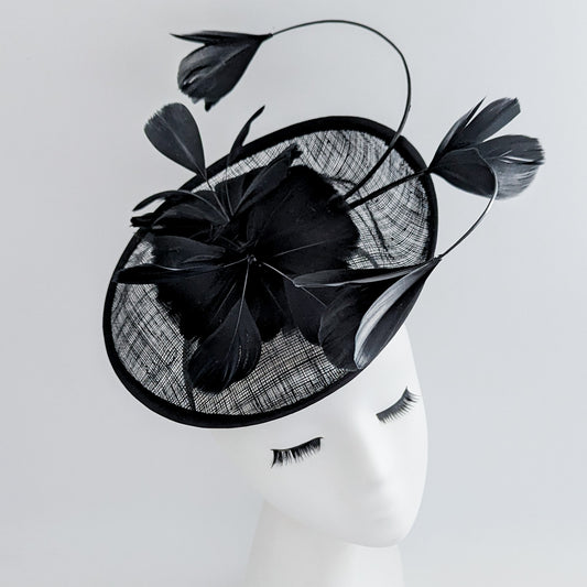 Black feather saucer disc fascinator hat