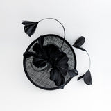 Black feather saucer disc fascinator hat