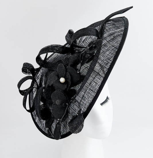 Black large lace flower saucer fascinator hat