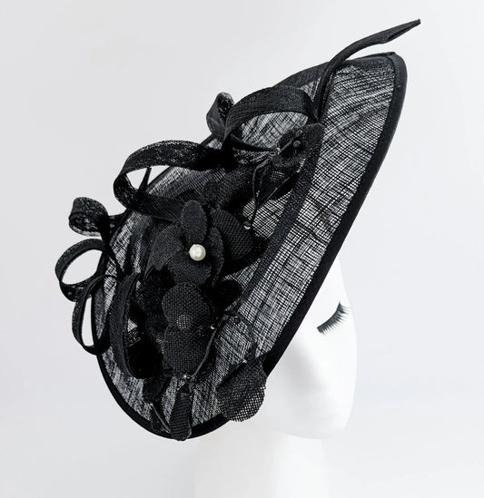Black large lace flower saucer fascinator hat House of Hats