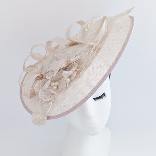 Nude pink large lace flower saucer fascinator hat